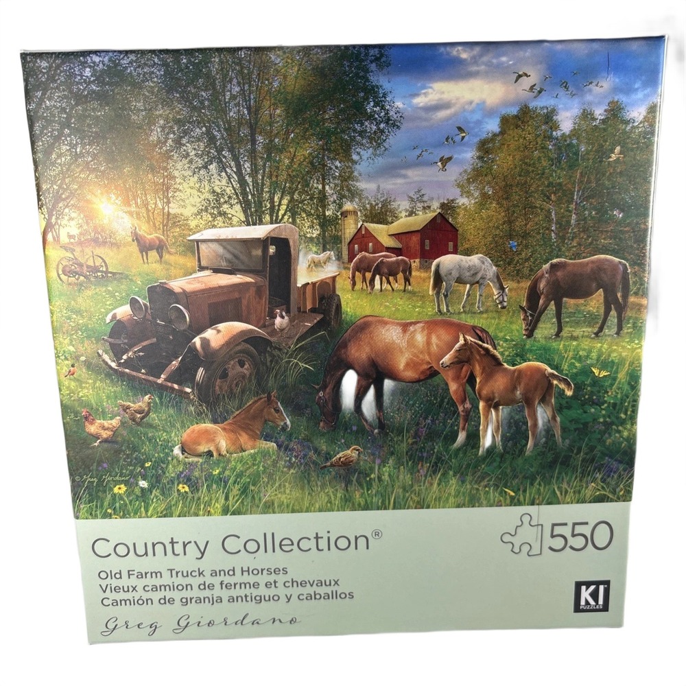 550 Piece Puzzle Rustic Old Farm Red Barn Vintage Rusted Truck Horses Sunrise - Picture 2 of 2